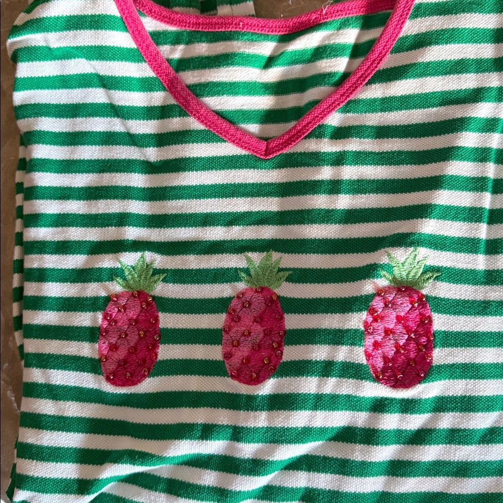 QF V-neckline green/white striped tee 1X